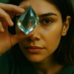 Woman contemplating light through a prism, representing deep subconscious insight and tarot-based coaching transformation in NYC.