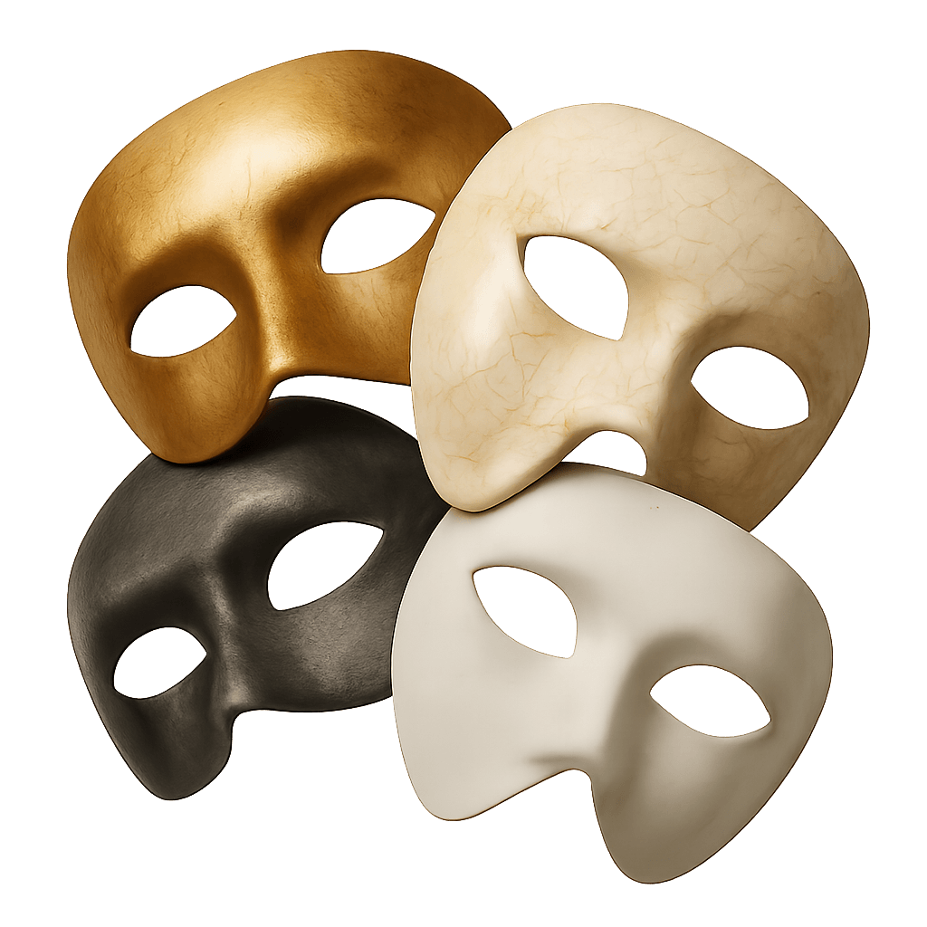Four unique Venetian-style masks in neutral tones arranged abstractly on a soft background, symbolizing the four inner archetypes — Seeker, Doubter, Persona, and Theorist — in a self-discovery tarot quiz by The New York Medium