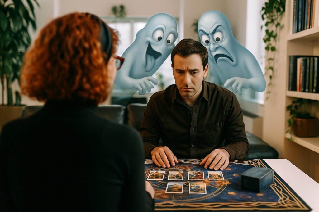 A client sits at a tarot reading table across from a medium during spiritual coaching, with two humorous ghost figures peering over the client’s shoulders at the tarot cards—symbolizing intuitive coaching with spirit support.